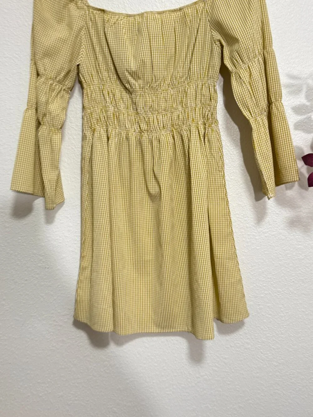 LULUS Lunch Date Mustard Yellow Gingham Bell Sleeve Mini Dress Medium - Picture 4 of 8